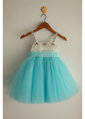 Ivory Satin Turquoise Tulle Beaded Tutu Flower Girl Dress